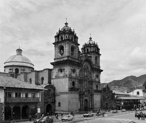 black and white photograph of a church in the city of Cusco.