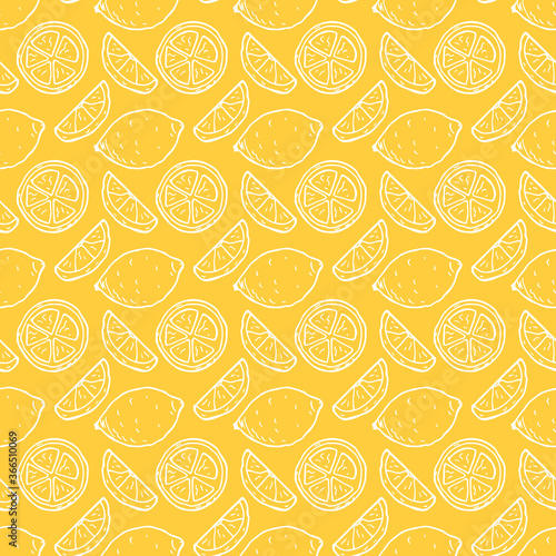 Yellow Fruit background. Hand drawn doodle Lemon seamless pattern. 