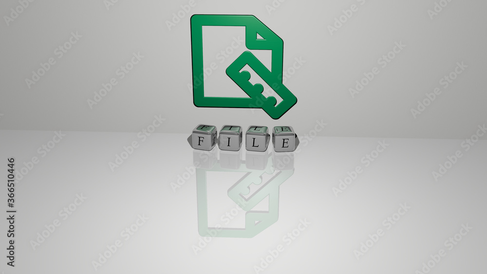 3D representation of file with icon on the wall and text arranged by metallic cubic letters on a mirror floor for concept meaning and slideshow presentation. illustration and background 3D representation of file with icon on the wall and text arranged by metallic cubic letters on a mirror floor for concept meaning and slideshow presentation. illustration and background