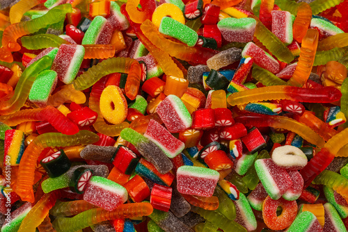 Assorted gummy candies. Top view. Jelly sweets background.