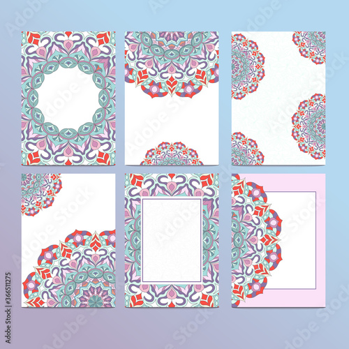 Vintage mandala card set. Blue, yellow and red colors. Circle mandala banner, background.	