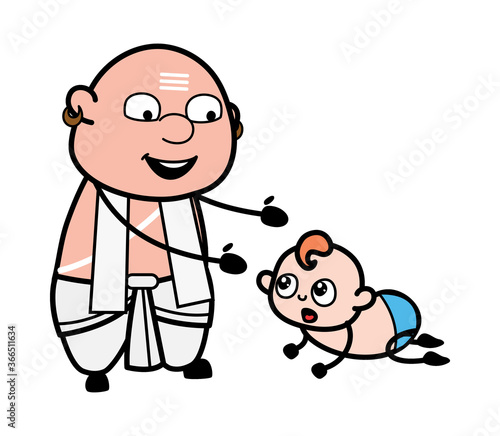 Cartoon South Indian Pandit with Crowling Baby photo