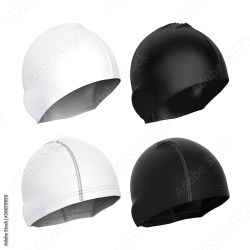 Sports cap for swimming in the pool of fabric and rubber. 3d realistic illustration. Mock up, empty blank template. Accessories for diving, swimming in the pool.