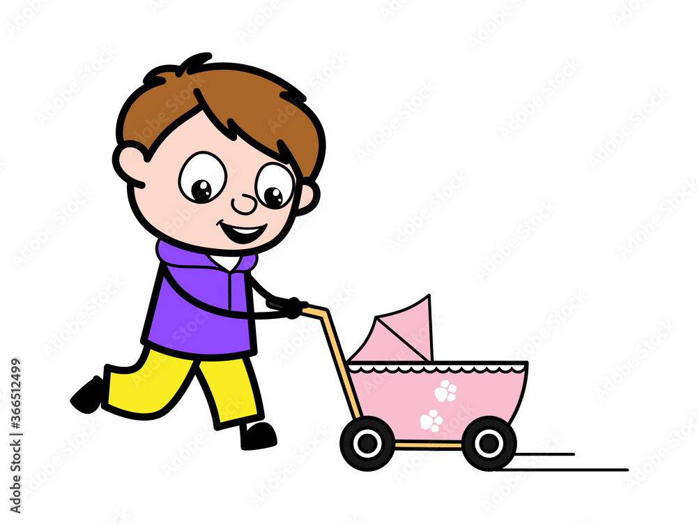 Cartoon Boy with Baby Cart Cartoon Boy with Baby Cart