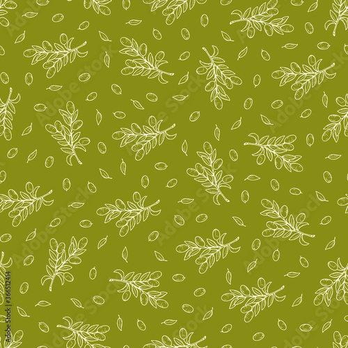 Olive branches Vector seamless pattern. Hand Drawn doodle olive tree twigs, olive berries. Olives green background.

