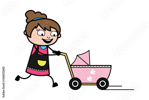 Cartoon Beautician with Baby Cart