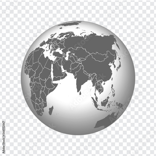 Globe of Earth with borders of all countries. 3d icon Globe in gray on transparent background. High quality world map in gray.  Middle East, Central Asia, India, China. Vector illustration. EPS10. 