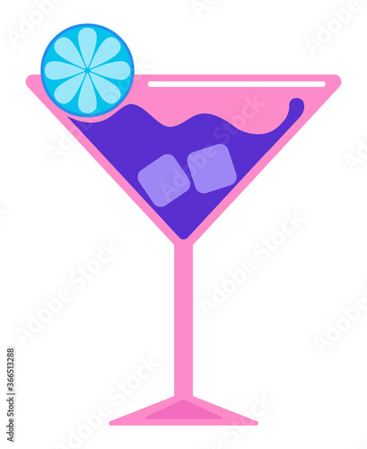 Alcoholic cocktail in a glass decorated with lime. Drink with ice cubes. Isolated on a white background. Vector illustration.