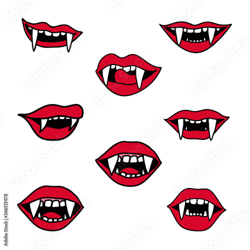 Halloween stickers, red vampire lips isolated on white background. Hand drawn Dracula teeth vector.