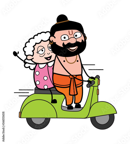 Cartoon Pandit Riding Scooter with an old lady
