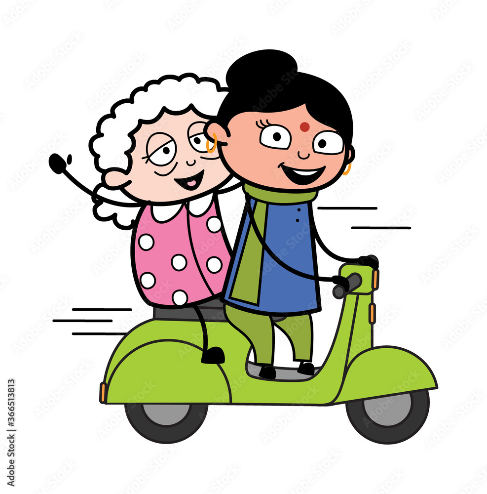 Cartoon Indian Lady Riding Scooter with an old lady