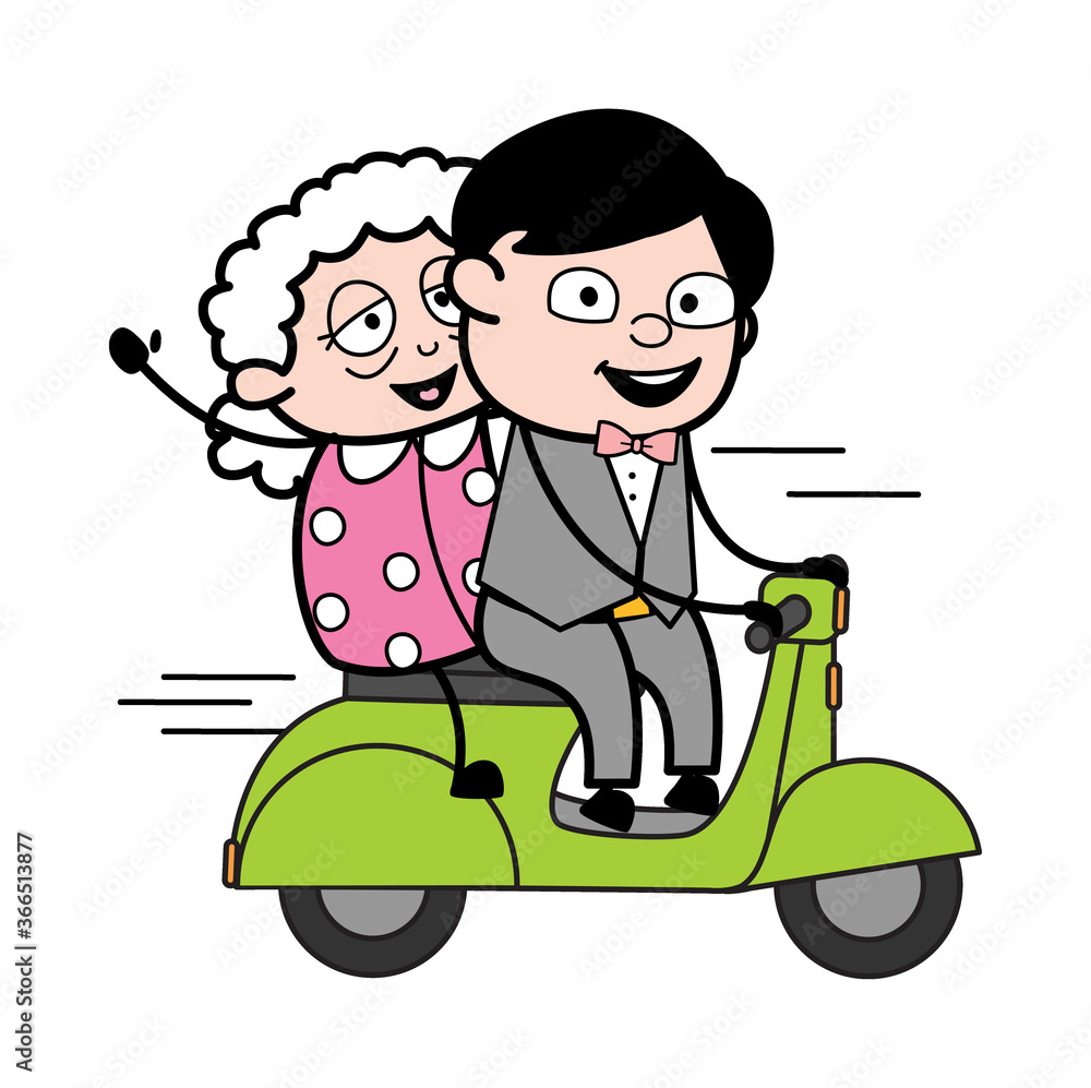 Fototapeta premium Cartoon Groom Riding Scooter with an old lady