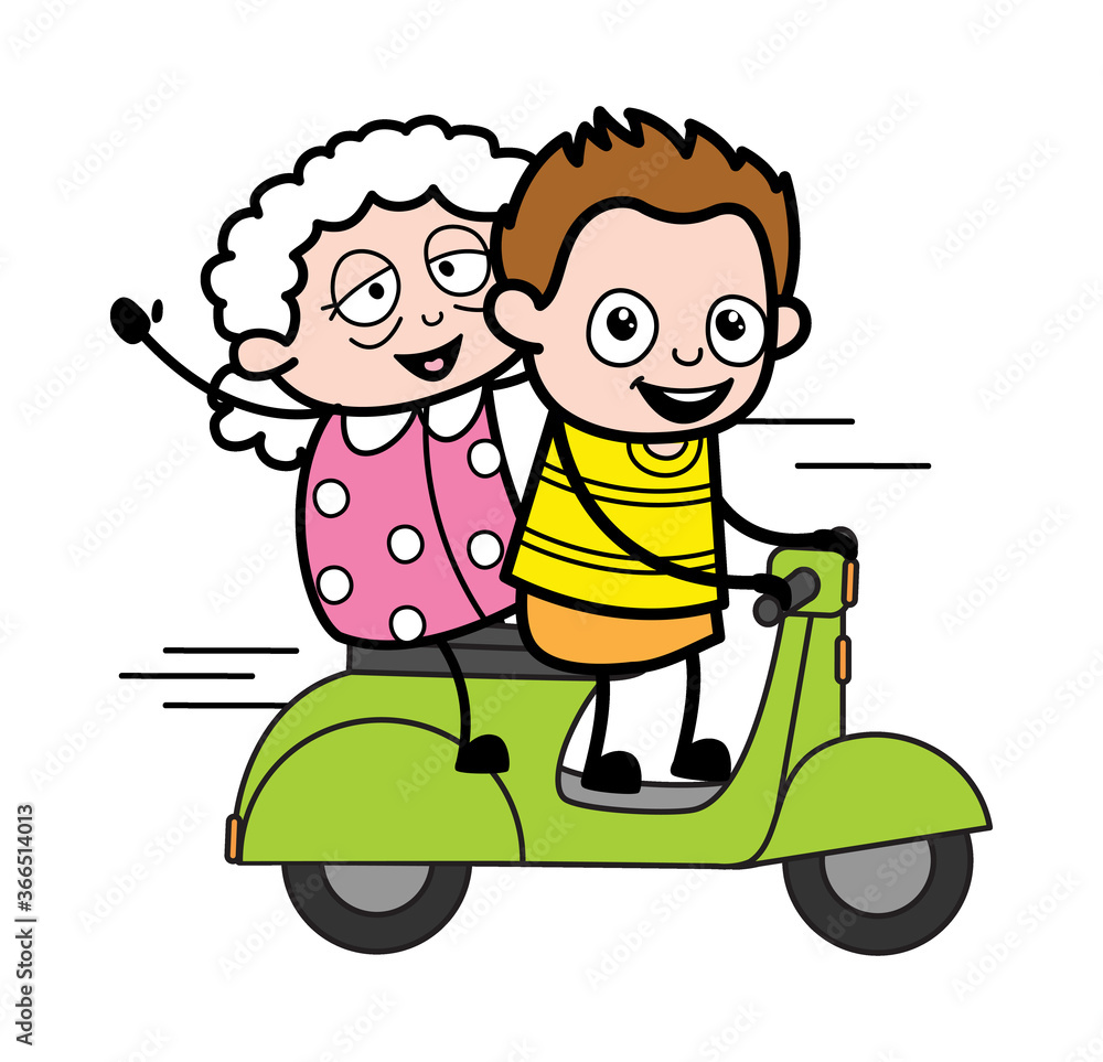Cartoon Young Boy Riding Scooter with an old lady Cartoon Young Boy Riding Scooter with an old lady