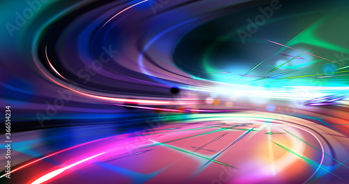 Abstract vector background in cyberpunk style. Space with neon blurry luminous elements. Bright rays of light in a dark environment. Futuristic lights, laser.