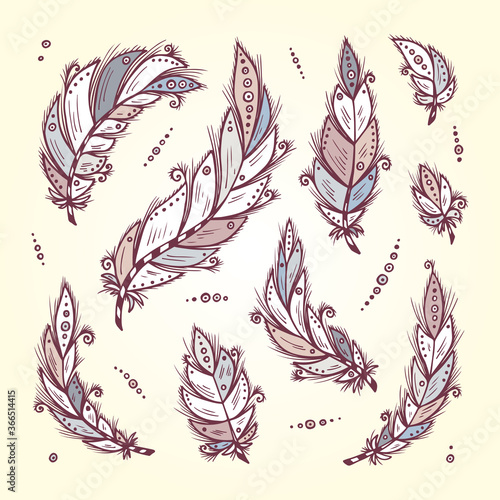 Vector Set of Ethnic Purple feathers. Hand Drawn Tribal Feather. Decorative Vintage colored Bird feathers
