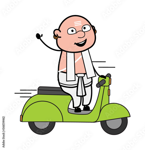 Cartoon South Indian Pandit Riding Scooter