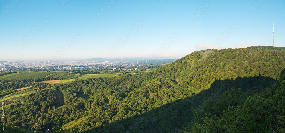 Panoramic view from Leopoldsberg over the Kahlenberg hills of Vienna Woods and the city in the morning.