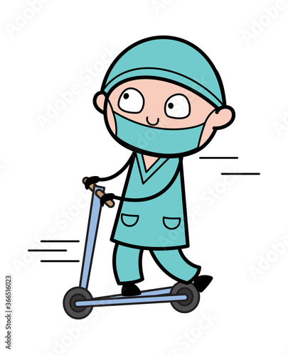 Cartoon Surgeon Rides the kick scooter