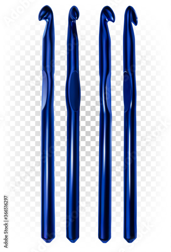 Set of blue metal hooks for knitting in different angles. Crochet tools. Vector 3d illustration isolated on white transparent background. Needlework, handiwork, handmade.