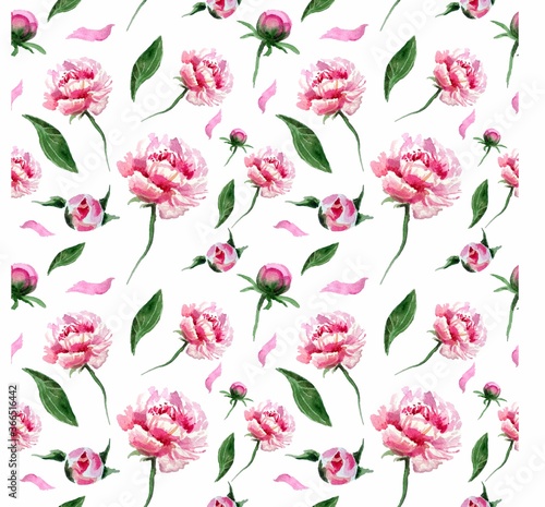 geometric seamless pattern pink peonies watercolor illustration