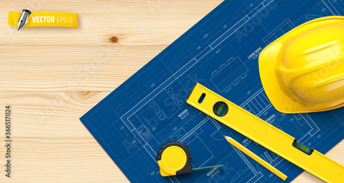Arrière plan bois avec outils et plan d'architecte vectoriels	
