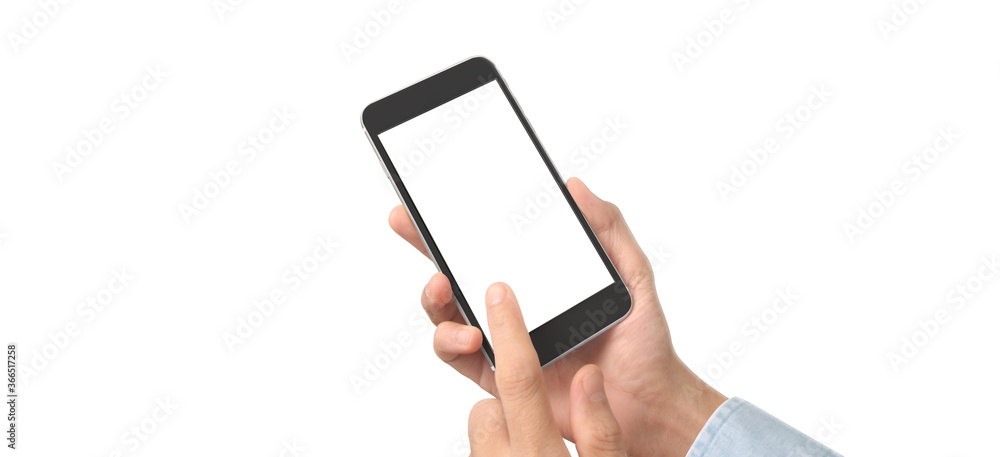 Hand holding smartphone device and touching screen Hand holding smartphone device and touching screen