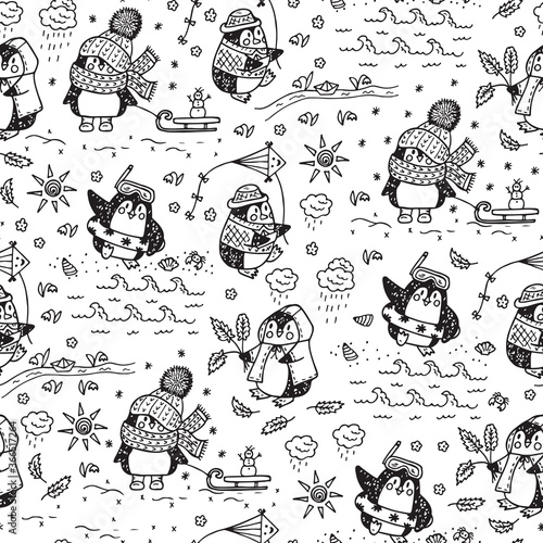 Penguins. Hand drawn doodle Cute penguins Seamless pattern. Four Seasons. Times of year. Weather. Funny penguins at different times of year - vector illustration

