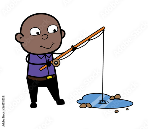 Cartoon Bald Black Man Fishing