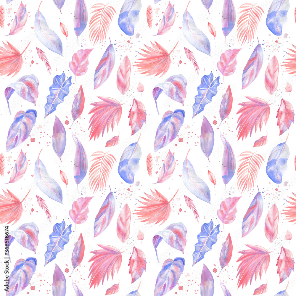 Trendy Seamless patterns from Palm Leaves. Watercolor painting. Pink and purple Trendy Seamless patterns from Palm Leaves. Watercolor painting. Pink and purple