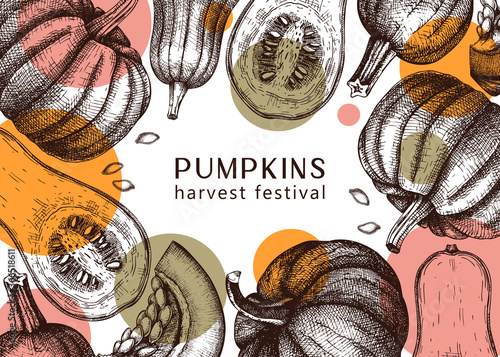 Autumn harvest festival design with hand-drawn pumpkins. Traditional Thanksgiving day vector banner. Fall season collage with hand-sketched pumpkins, butternut squash, seeds illustration. 