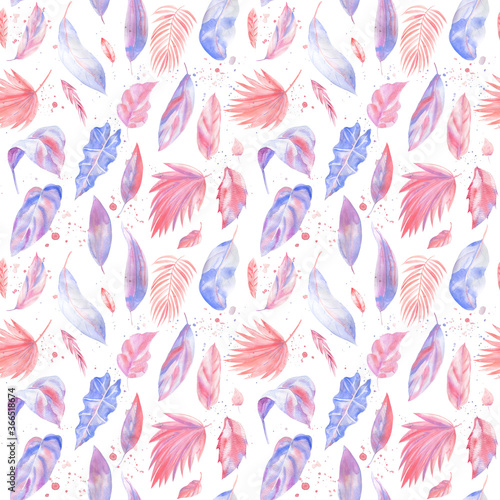 Trendy Seamless patterns from Palm Leaves. Watercolor painting. Pink and purple