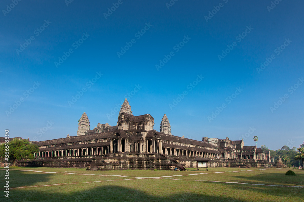 The temple complex of Angkor Watt, Cambodia wide angle image with deep blue sky