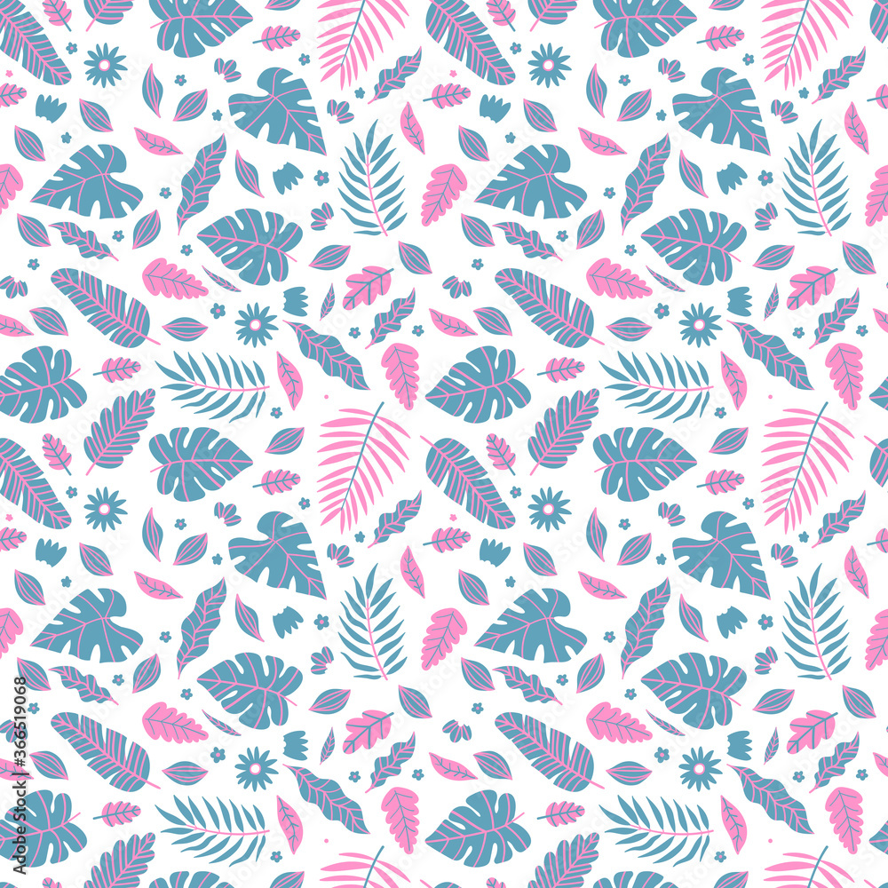 Summer exotic floral tropical palm, banana leaves in blue and pink style. Pattern vector seamless on the white.