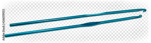 Thin crochet hooks in light blue. Vector 3d realistic illustration isolated white transparent background. Crochet tools. Needlework, handiwork, handmade.