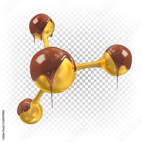 Golden molecule poured with liquid chocolate. The concept of molecular gastronomy. The use of scientific technology in food. Vector 3d illustration isolated on white background.