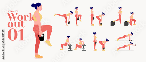 Workout women set. Women fitness and yoga exercises. Lunges, Pushups, Squats, Dumbbell rows, Burpees, Side planks, Situps, Glute bridge, Leg Raise, 
Russian Twist, Side Crunch, Mountain Climbers.etc