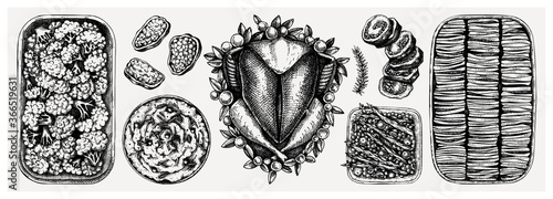 Thanksgiving day traditional dishes illustrations. Roasted turkey, cooked vegetables, rolled meat sketches. Vintage autumn food for Thanksgiving day dinner. 