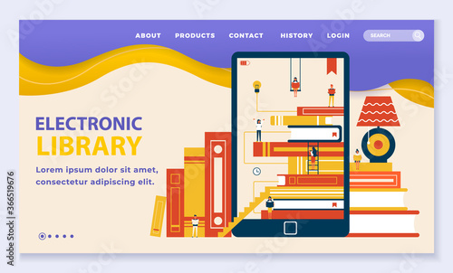 Electronic online library for reading books on gadgets. Web page with navigation menu and copy space. Stack of textbooks on tablet screen, mockup of website. Vector illustration in flat style