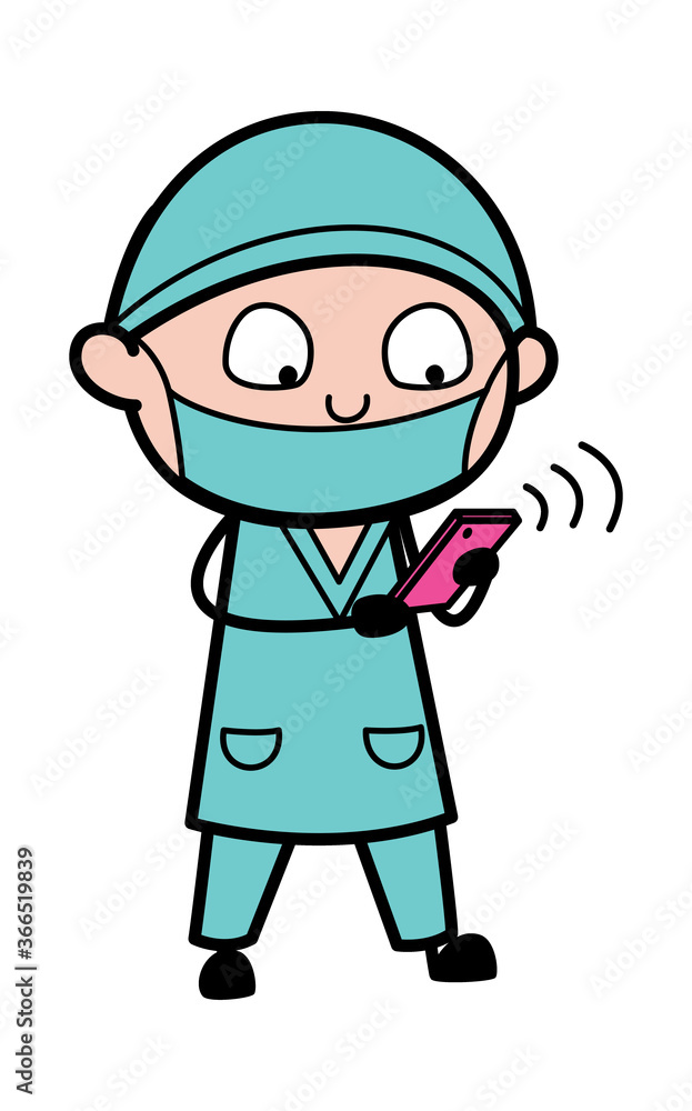 Cartoon Surgeon Watching Smartphone