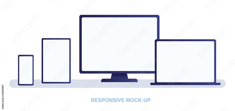 Responsive web design. The website is open on computer, laptop, tablet and smartphone. Flat vector /Icon illustration. Mock-up for insert image. Responsive web design. The website is open on computer, laptop, tablet and smartphone. Flat vector /Icon illustration. Mock-up for insert image.