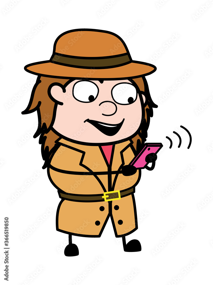 Cartoon Investigator Watching Smartphone