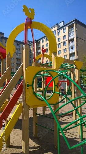 Children outdoor playground in new residential area. Nobody. Comfortable safe urban environment. City living. Healthy lifestyle. Gym Climbing Equipment. Happy childhood. Be safe. Stay at home concept