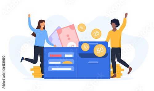 Family budget concept with multiracial couple cheering on either side of a wallet with money and bank cards, colored vector illustration