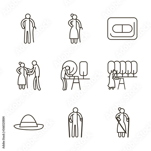 Grandmothers and grandfathers line style icon set vector design