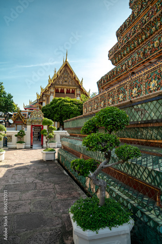 Beautiful colorful temple in bangkok with bonsai, sunlight, Wat Pho