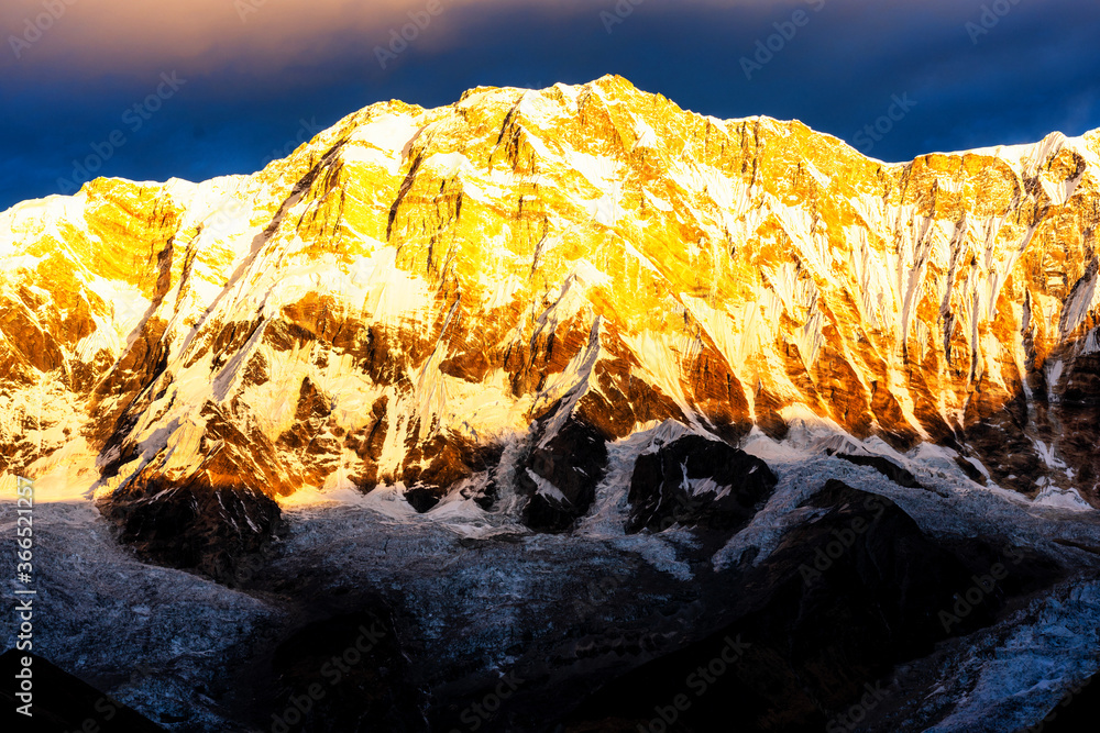 Morning view of Mount Annapurna I from Annapurna base camp, round Annapurna circuit trekking trail, Nepal