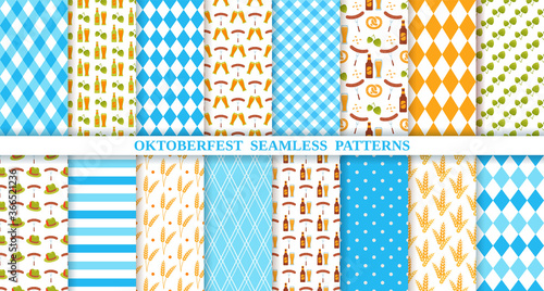 Oktoberfest seamless pattern. Octoberfest background. Vector. Prints with rhombus, beer, pretzel, sausage, hop, hat, stripe. Bavarian diamond texture. Blue illustration. Germany traditional wallpaper.