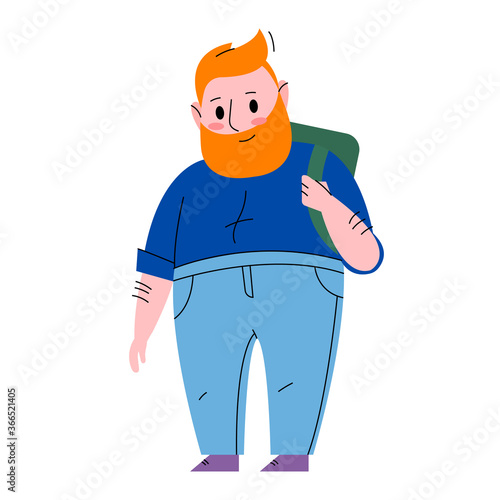 Vector isolated flat illustration with good friendly smiling redhead fatty hipster man with beard and backpack 