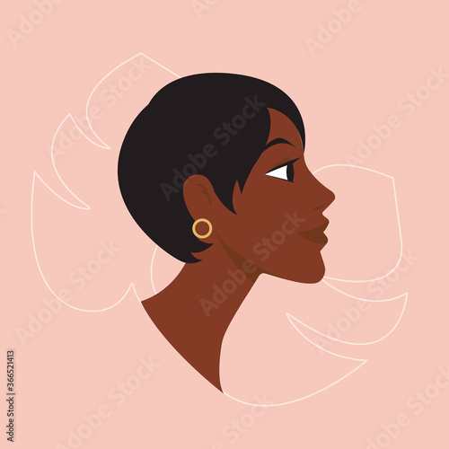 Profile portrait face young beauty black american woman with short dark hair and tropical exotic leaf monstera and earring. Vector isolated 
flat illustration. Avatar of a afro silhouette girl. 
