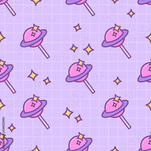Seamless kawaii vector pattern with lollipop planet and stars. Cute child, teen or girlish print with candy on fabric, wrapping paper, textile, wallpaper. Cartoon doodle linear 80s-90s style